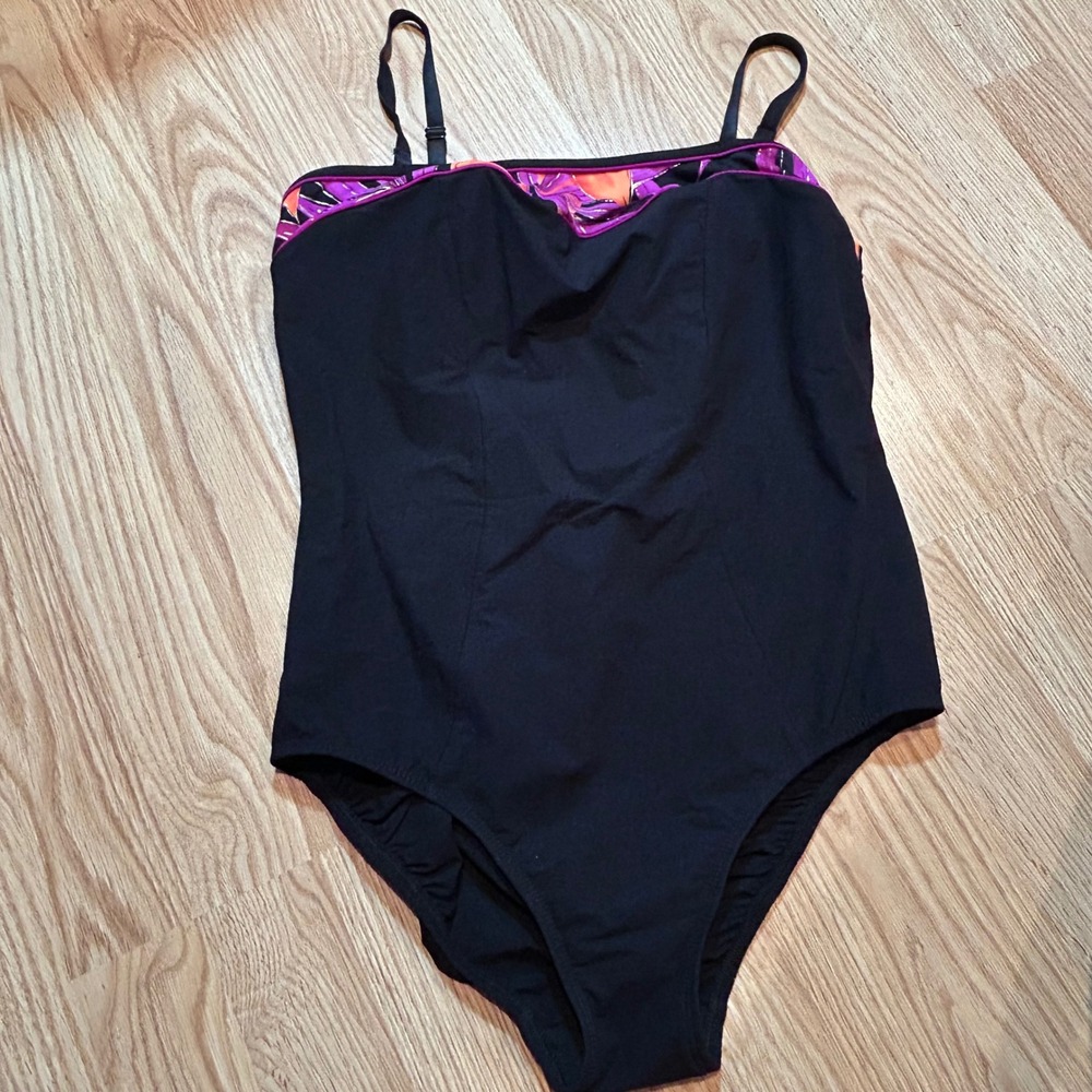 Longitude‎ Womens Black Floral Trim One Piece Swimsuit Adjustable Straps Size 14